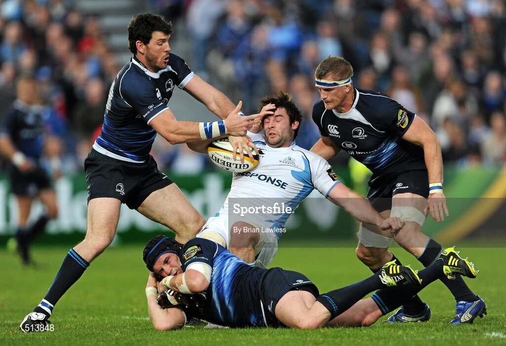 6 May 2011; Johnnie Beattie, Glasgow Warriors, in action against, from left, Shane Horgan, Shane Jennings and Jamie Heaslip, Leinster. Celtic League, Leinster v Glasgow Warriors, RDS, Ballsbridge, Dublin. Picture credit: Brian Lawless / SPORTSFILE
