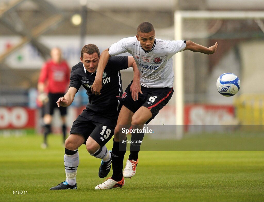 14 May 2011; Michael Hector, Dundalk, in action against Gary O'Neill, Shamrock Rovers. Setanta Sports Cup Final, Dundalk v Shamrock Rovers, Tallaght Stadium, Tallaght, Co. Dublin. Photo by Sportsfile