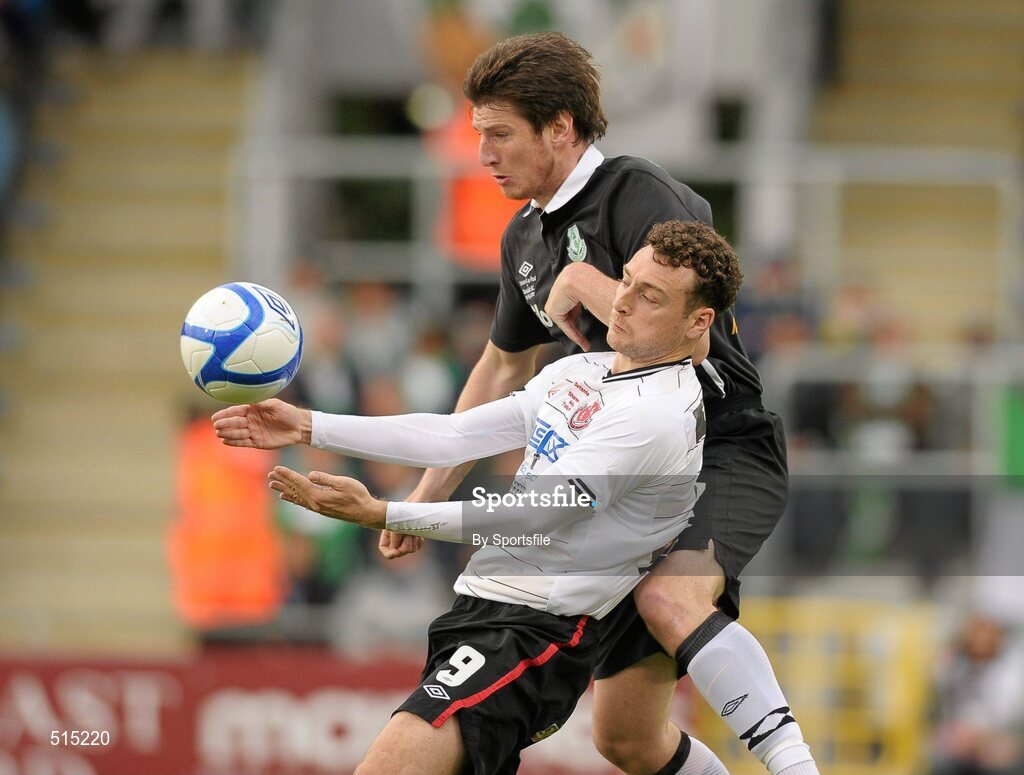14 May 2011; Mark Quigley, Dundalk, in action against Ken Oman, Shamrock Rovers. Setanta Sports Cup Final, Dundalk v Shamrock Rovers, Tallaght Stadium, Tallaght, Co. Dublin. Photo by Sportsfile