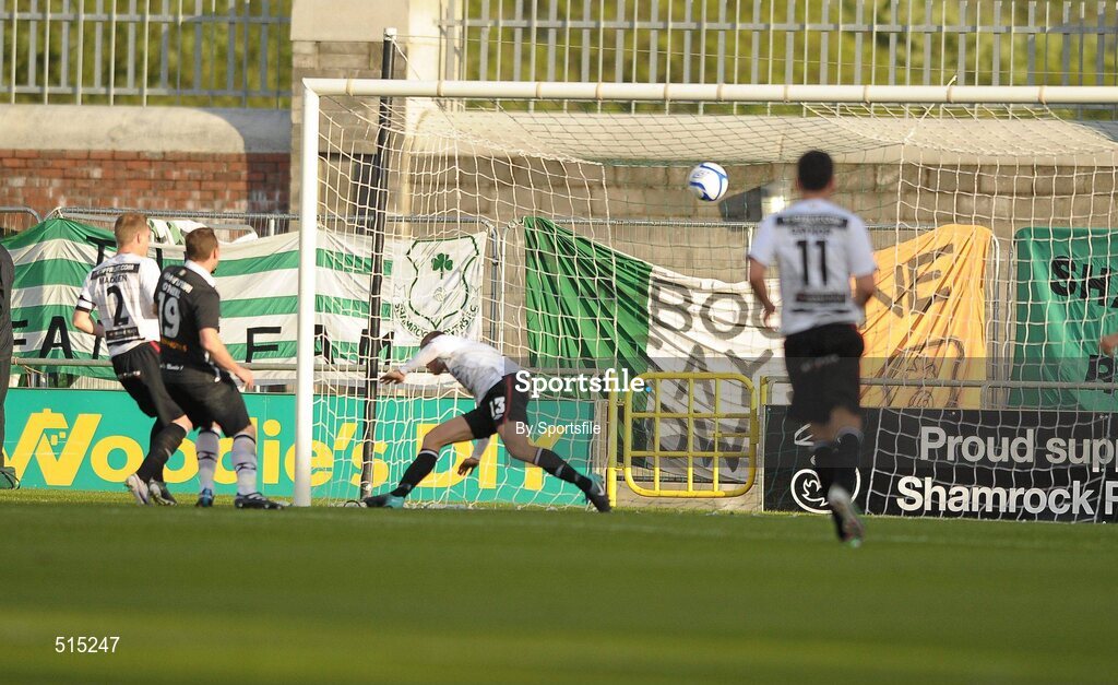 14 May 2011; Gary O'Neill, 19, Shamrock Rovers, watches his shot go in for his side's first goal. Setanta Sports Cup Final, Dundalk v Shamrock Rovers, Tallaght Stadium, Tallaght, Co. Dublin. Photo by Sportsfile