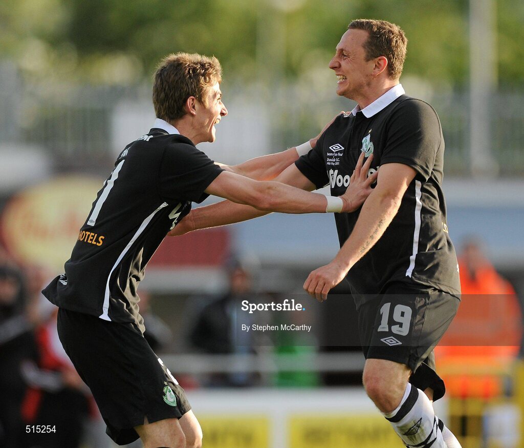 14 May 2011; Gary O'Neill, Shamrock Rovers, right, celebrates with team-mate Ronan Finn after scoring his side's first goal. Setanta Sports Cup Final, Dundalk v Shamrock Rovers, Tallaght Stadium, Tallaght, Co. Dublin. Picture credit: Stephen McCarthy / SPORTSFILE