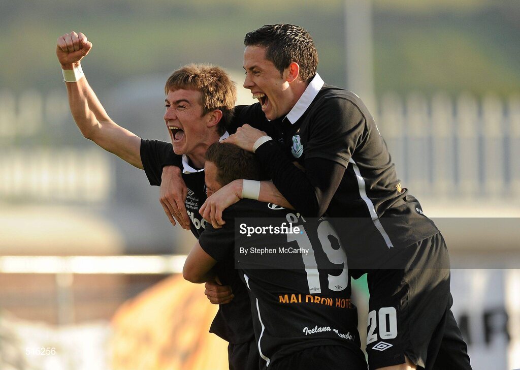 14 May 2011; Gary O'Neill, Shamrock Rovers, 19, celebrates with team-mate Ronan Finn and Billy Dennehy, right, after scoring his side's first goal. Setanta Sports Cup Final, Dundalk v Shamrock Rovers, Tallaght Stadium, Tallaght, Co. Dublin. Picture credit: Stephen McCarthy / SPORTSFILE