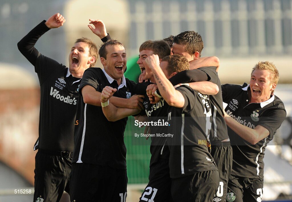 14 May 2011; Gary O'Neill, Shamrock Rovers, third from right, celebrates with team-mates, including Gary Twigg, left, Karl Sheppard, Ronan Finn, 21, and Conor McCormack, right, after scoring his side's first goal. Setanta Sports Cup Final, Dundalk v Shamrock Rovers, Tallaght Stadium, Tallaght, Co. Dublin. Picture credit: Stephen McCarthy / SPORTSFILE