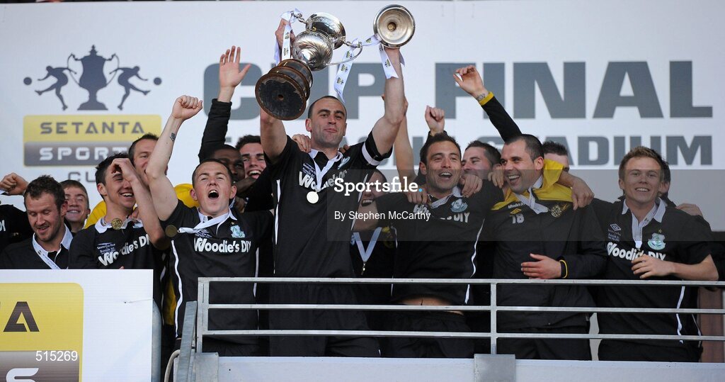 14 May 2011; Shamrock Rovers captain Dan Murray lifts the cup following his side's victory. Setanta Sports Cup Final, Dundalk v Shamrock Rovers, Tallaght Stadium, Tallaght, Co. Dublin. Picture credit: Stephen McCarthy / SPORTSFILE