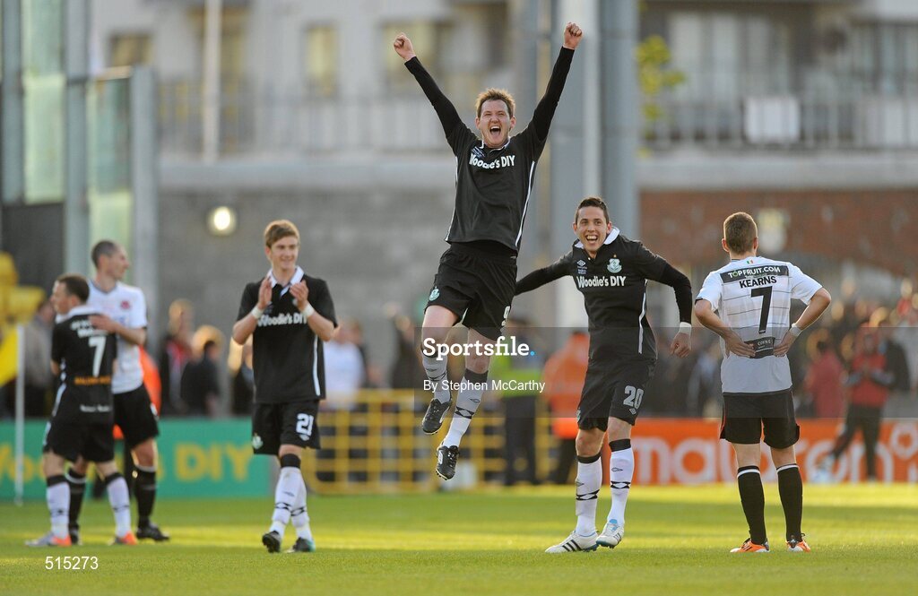 14 May 2011; Shamrock Rovers players Gary Twigg, centre, Billy Dennehy, right, and Ronan Finn celebrate at the final whsitle. Setanta Sports Cup Final, Dundalk v Shamrock Rovers, Tallaght Stadium, Tallaght, Co. Dublin. Picture credit: Stephen McCarthy / SPORTSFILE