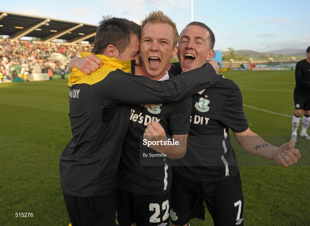 14 May 2011; Shamrock Rovers players, from left, Paddy Kavanagh, Conor McCormack and Gary McCabe, celebrate after the game. Setanta Sports Cup Final, Dundalk v Shamrock Rovers, Tallaght Stadium, Tallaght, Co. Dublin. Photo by Sportsfile