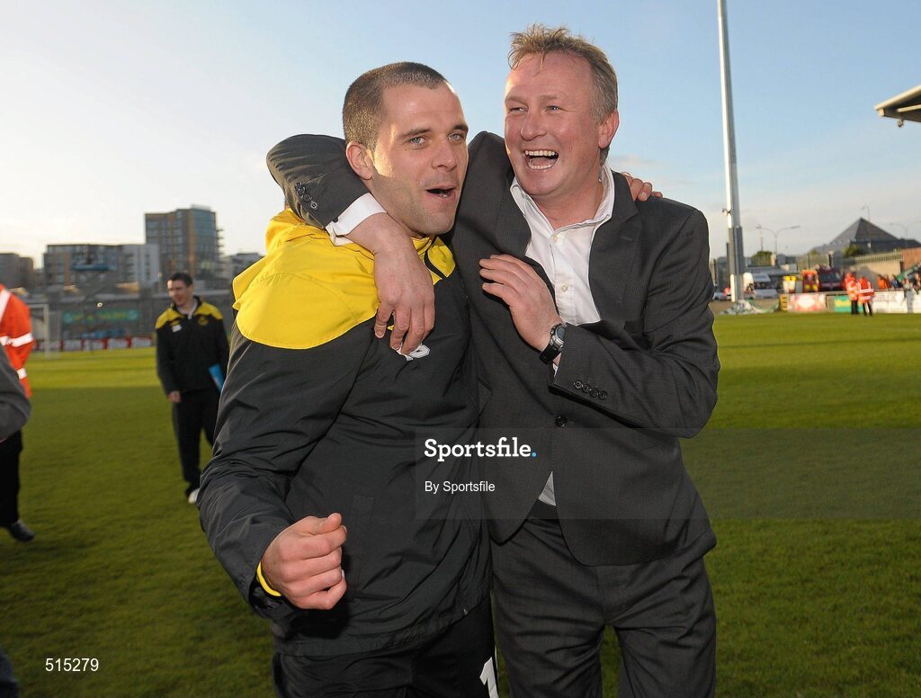 14 May 2011; Chris Turner, Shamrock Rovers, celebrates with manager Michael O'Neill after the game. Setanta Sports Cup Final, Dundalk v Shamrock Rovers, Tallaght Stadium, Tallaght, Co. Dublin. Photo by Sportsfile