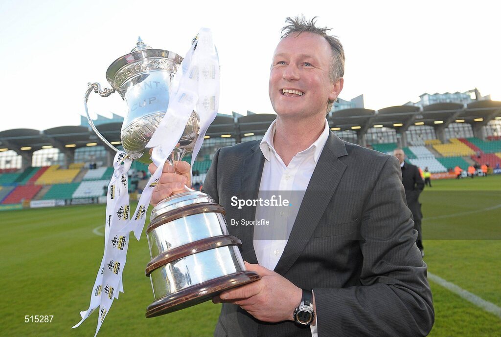 14 May 2011; Shamrock Rovers manager Michael O'Neill celebrates with the cup after the game. Setanta Sports Cup Final, Dundalk v Shamrock Rovers, Tallaght Stadium, Tallaght, Co. Dublin. Photo by Sportsfile