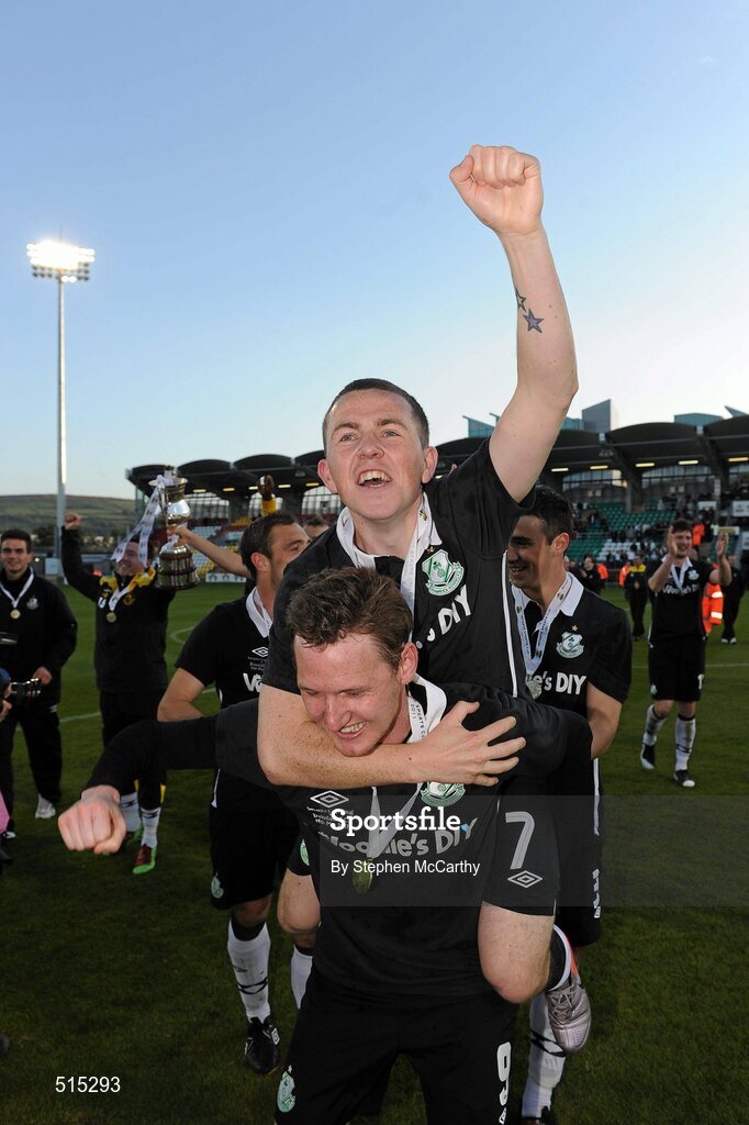 14 May 2011; Gary McCabe, Shamrock Rovers, 7, and Gary Twigg celebrate their side's victory. Setanta Sports Cup Final, Dundalk v Shamrock Rovers, Tallaght Stadium, Tallaght, Co. Dublin. Picture credit: Stephen McCarthy / SPORTSFILE