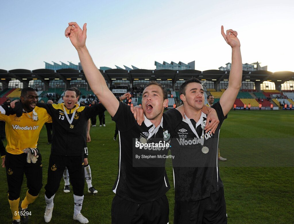 14 May 2011; Stephen Rice, left, and Enda Stevens, Shamrock Rovers, celebrate their side's victory. Setanta Sports Cup Final, Dundalk v Shamrock Rovers, Tallaght Stadium, Tallaght, Co. Dublin. Picture credit: Stephen McCarthy / SPORTSFILE