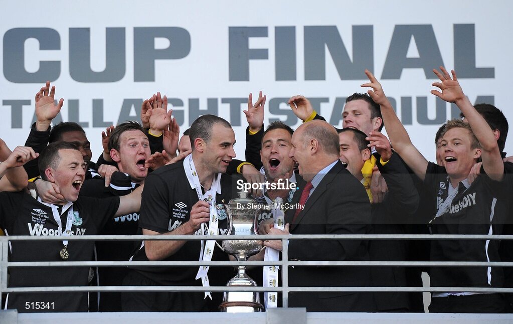 14 May 2011; Shamrock Rovers captain Dan Murray and team-mates are presented with the cup. Setanta Sports Cup Final, Dundalk v Shamrock Rovers, Tallaght Stadium, Tallaght, Co. Dublin. Picture credit: Stephen McCarthy / SPORTSFILE