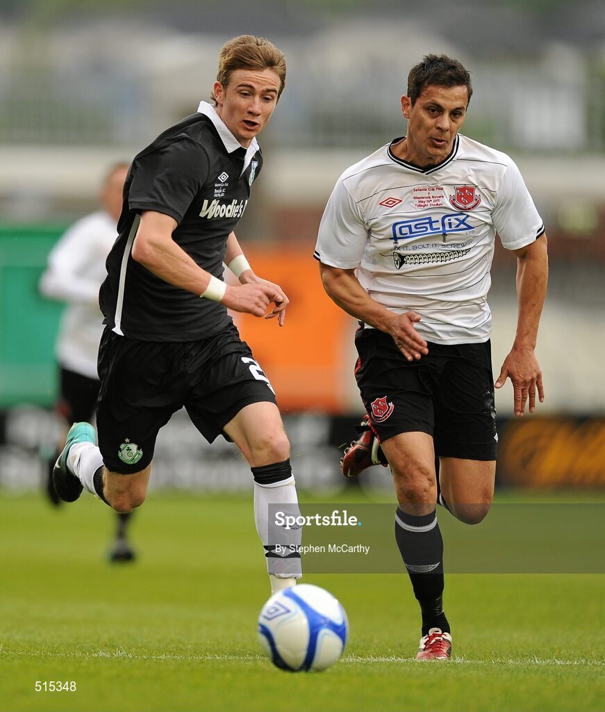 14 May 2011; Ronan Finn, Shamrock Rovers, in action against Dean Bennett, Dundalk. Setanta Sports Cup Final, Dundalk v Shamrock Rovers, Tallaght Stadium, Tallaght, Co. Dublin. Picture credit: Stephen McCarthy / SPORTSFILE