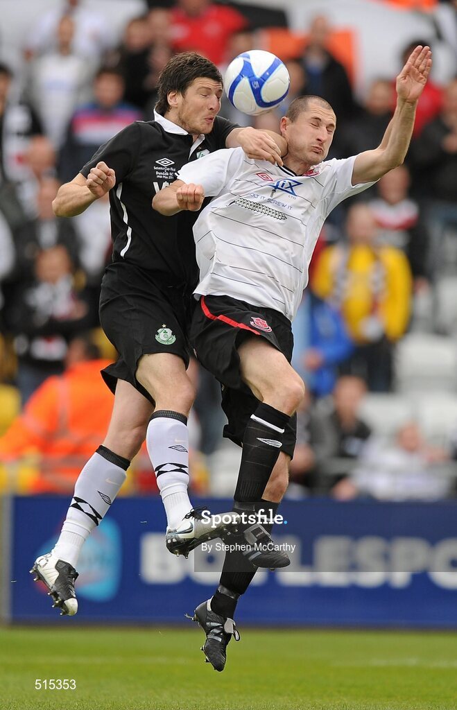 14 May 2011; Ken Oman, Shamrock Rovers, in action against Colin Hawkins, Dundalk. Setanta Sports Cup Final, Dundalk v Shamrock Rovers, Tallaght Stadium, Tallaght, Co. Dublin. Picture credit: Stephen McCarthy / SPORTSFILE