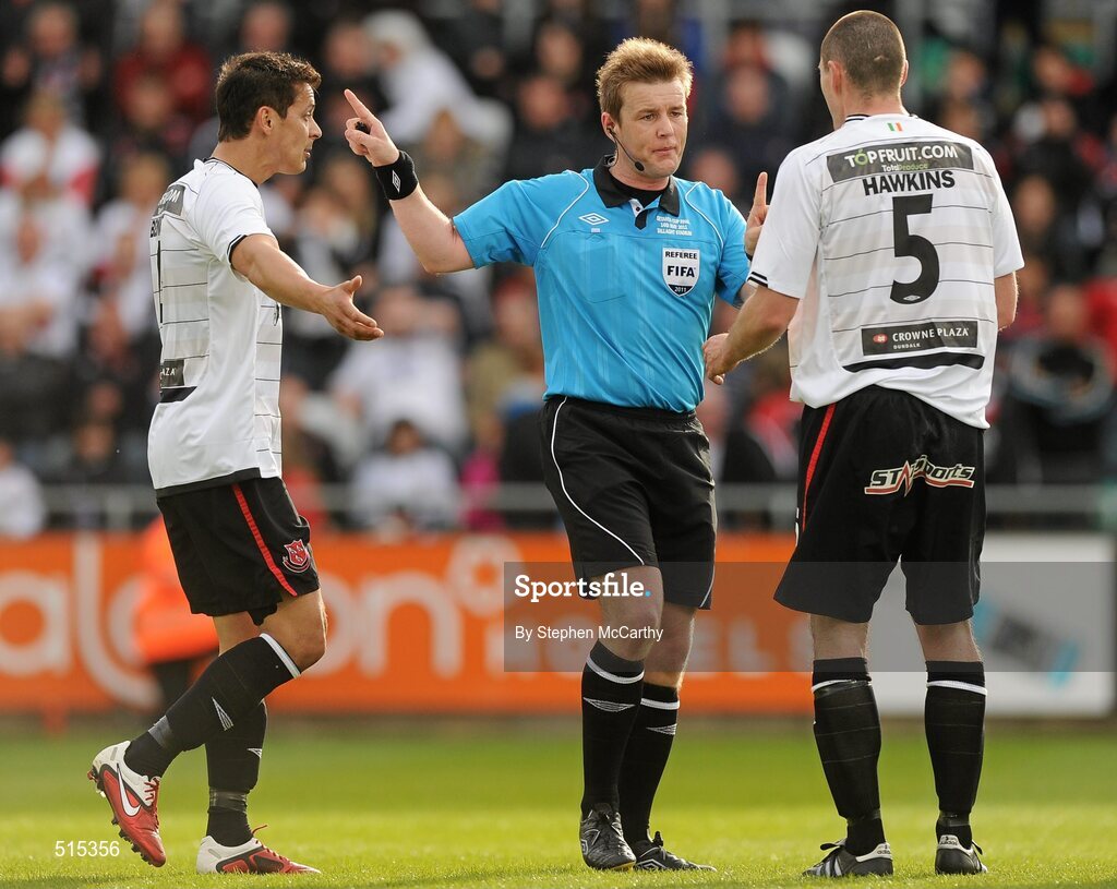 14 May 2011; Referee Alan Kelly speaks with Dundalk players Dean Bennett, left, and Colin Hawkins. Setanta Sports Cup Final, Dundalk v Shamrock Rovers, Tallaght Stadium, Tallaght, Co. Dublin. Picture credit: Stephen McCarthy / SPORTSFILE