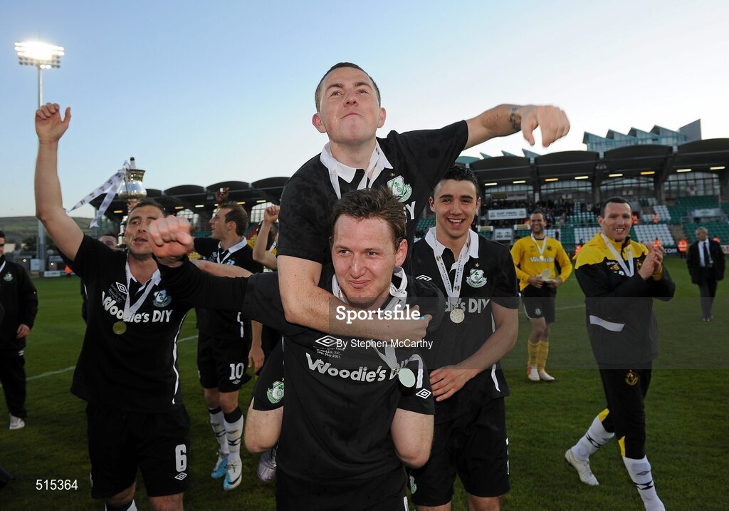 14 May 2011; Gary McCabe and Gary Twigg, Shamrock Rovers, celebrate their side's victory. Setanta Sports Cup Final, Dundalk v Shamrock Rovers, Tallaght Stadium, Tallaght, Co. Dublin. Picture credit: Stephen McCarthy / SPORTSFILE