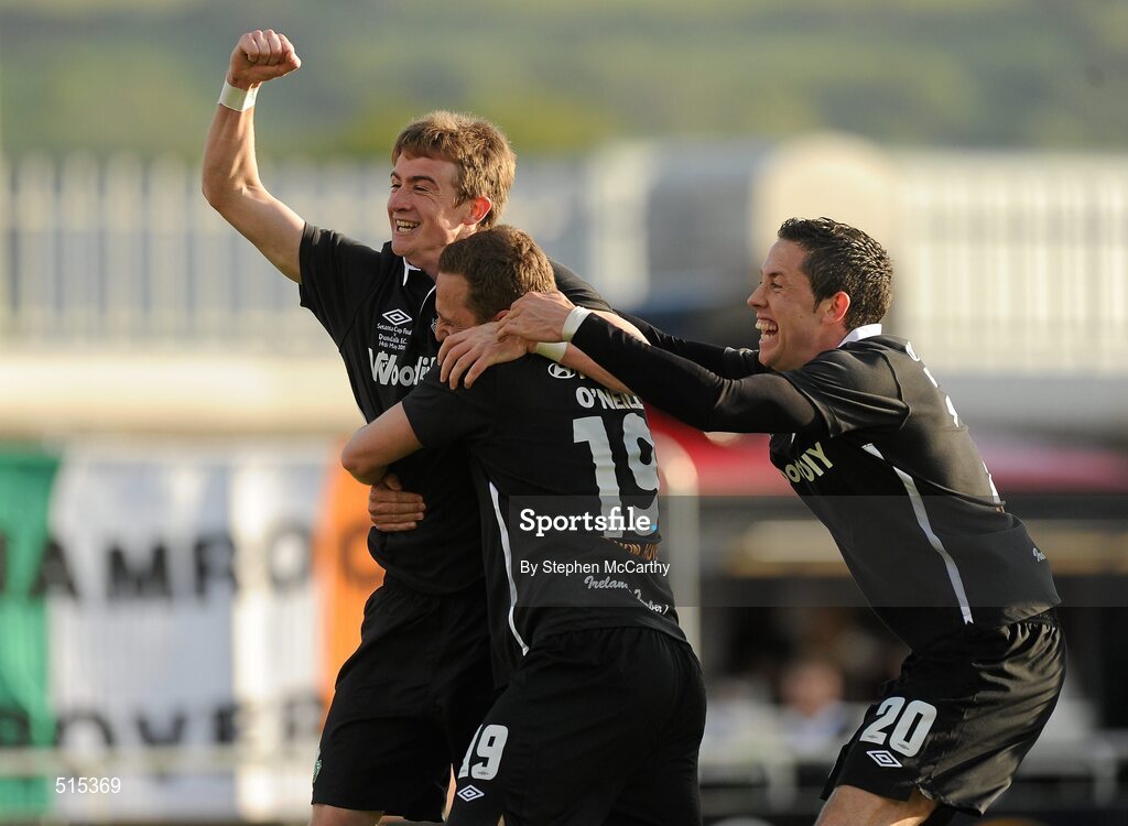 14 May 2011; Gary O'Neill, Shamrock Rovers, 19, celebrates after scoring his side's first goal with team-mates Ronan Finn and Billy Dennehy, right. Setanta Sports Cup Final, Dundalk v Shamrock Rovers, Tallaght Stadium, Tallaght, Co. Dublin. Picture credit: Stephen McCarthy / SPORTSFILE