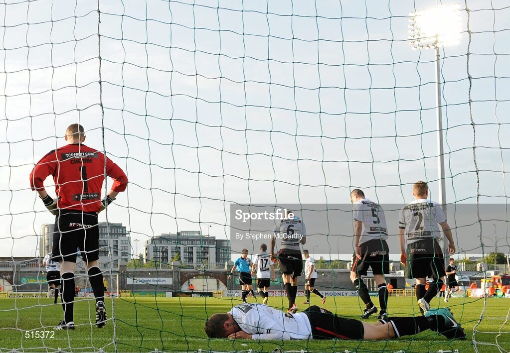 14 May 2011; Dejected Dundalk players, from left, Peter Cherrie, Natan Murphy, Keith Ward, Michael Hector, Colin Hawkins and Simon Madden after Gary O'Neill scored Shamrock Rovers' first goal. Setanta Sports Cup Final, Dundalk v Shamrock Rovers, Tallaght Stadium, Tallaght, Co. Dublin. Picture credit: Stephen McCarthy / SPORTSFILE
