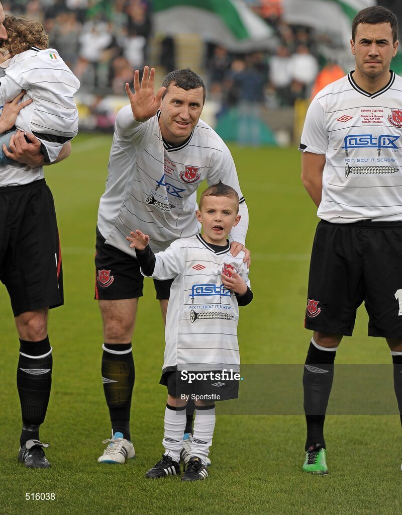 14 May 2011; Jason Byrne, Dundalk, with the mascot before the game. Setanta Sports Cup Final, Dundalk v Shamrock Rovers, Tallaght Stadium, Tallaght, Co. Dublin. Photo by Sportsfile