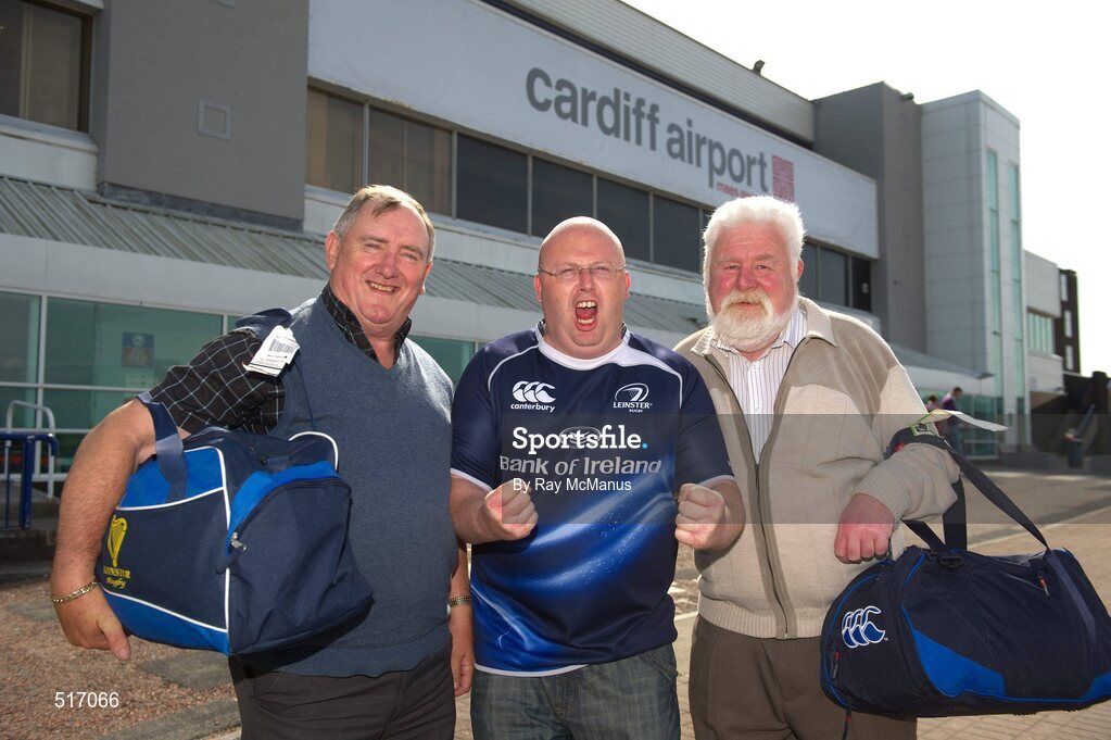 19 May 2011; Leinster supporters, from Co. Offaly, who are among the first to arrive in Cardiff, Niall Kelly, left, from Edenderry, Graham Dudley, from Rhode, and Dave Wilkie, from Edenderry, as they arrive in Cardiff Airport ahead of their side's Heineken Cup Final against Northampton Saints on Saturday. Cardiff Airport, Cardiff, Wales. Picture credit: Ray McManus / SPORTSFILE