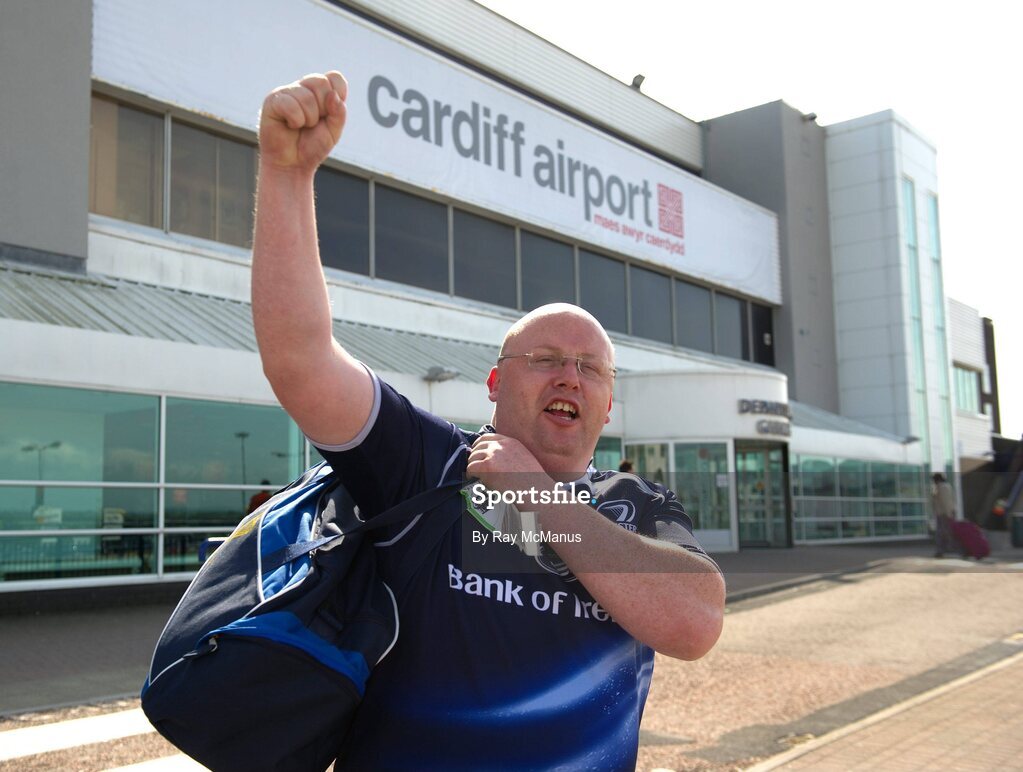 19 May 2011; Leinster supporter Graham Dudley, from  Rhode, Co. Offaly, one of the first supporters to arrive in Cardiff Airport, ahead of Saturday's Heineken Cup Final against Northampton Saints. Cardiff Airport, Cardiff, Wales. Picture credit: Ray McManus / SPORTSFILE