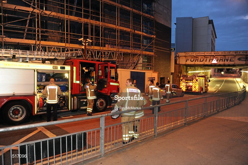 20 May 2011;Firefighters prepare to leave The Maldron Hotel, St Mary's Street, Cardiff, which was evacuated at 3:30am, Thursday night, after a pipe burst. All guests are safe and no fire was reported. The hotel opened on Monday. Extensive water damage has been caused from floor 3 down. It was anticipated that the hotel would be full of Leinster rugby supporters for the Heineken Cup Final against Northampton Saints on Saturday. Cardiff, Wales. Picture credit: Ray McManus / SPORTSFILE