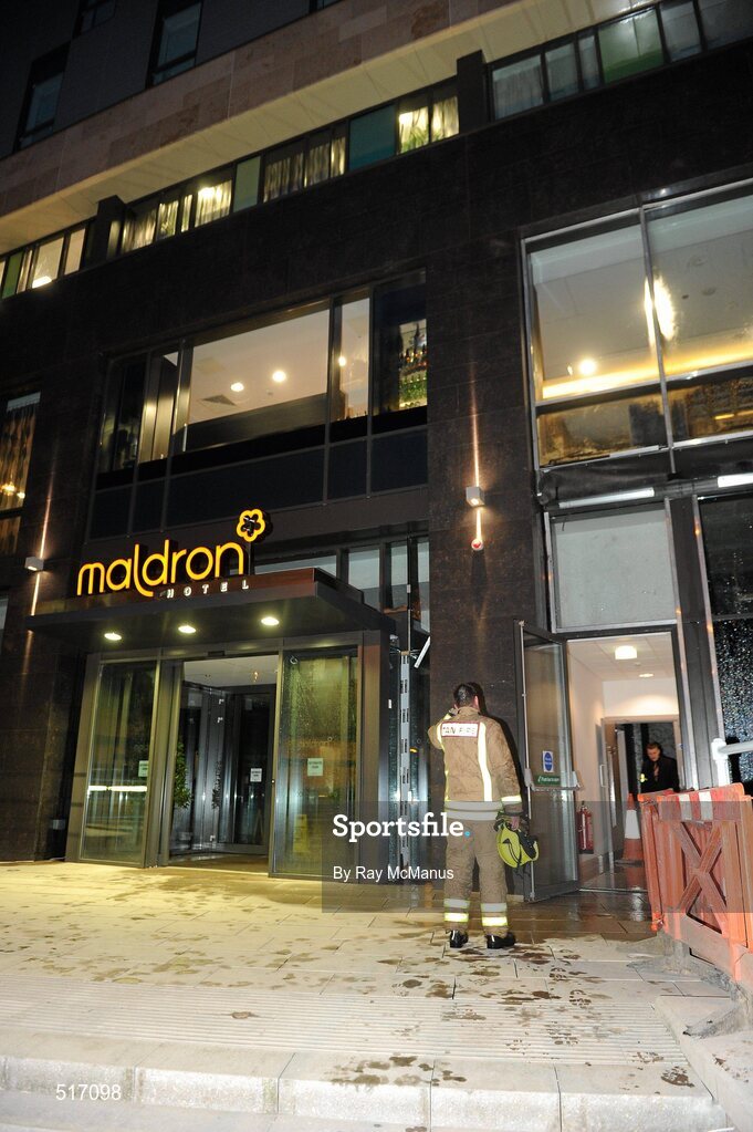 20 May 2011; A fireman on duty outside The Maldron Hotel, St Mary's Street, Cardiff, which was evacuated at 3:30am, Thursday night, after a pipe burst. All guests are safe and no fire was reported. The hotel opened on Monday. Extensive water damage has been caused from floor 3 down. It was anticipated that the hotel would be full of Leinster rugby supporters for the Heineken Cup Final against Northampton Saints on Saturday. Cardiff, Wales. Picture credit: Ray McManus / SPORTSFILE