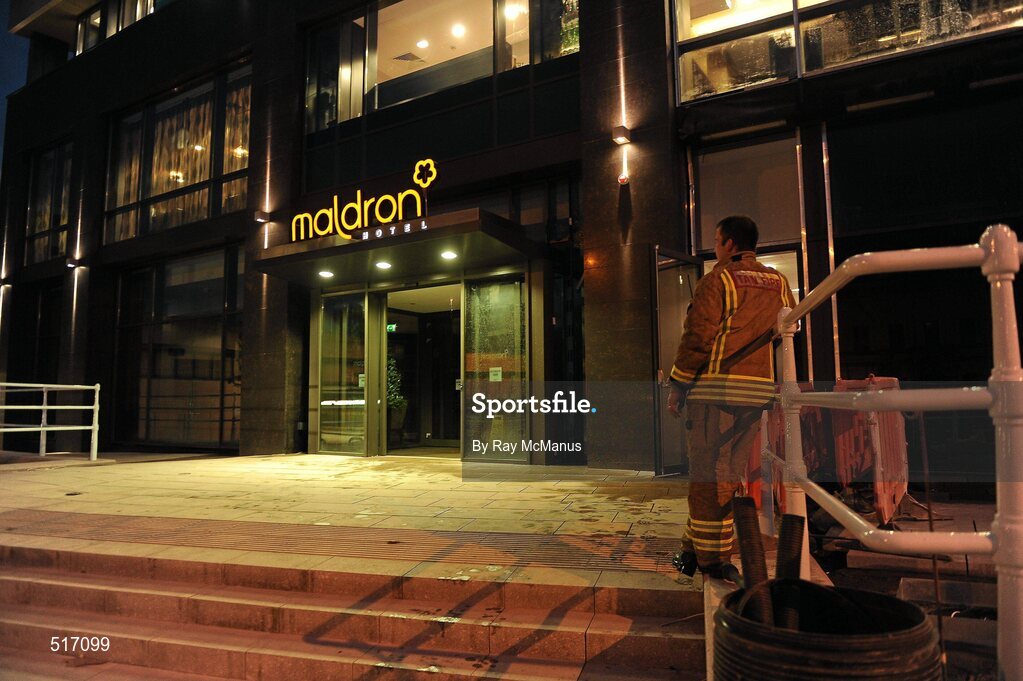 20 May 2011; A fireman on duty outside The Maldron Hotel, St Mary's Street, Cardiff, which was evacuated at 3:30am, Thursday night, after a pipe burst. All guests are safe and no fire was reported. The hotel opened on Monday. Extensive water damage has been caused from floor 3 down. It was anticipated that the hotel would be full of Leinster rugby supporters for the Heineken Cup Final against Northampton Saints on Saturday. Cardiff, Wales. Picture credit: Ray McManus / SPORTSFILE