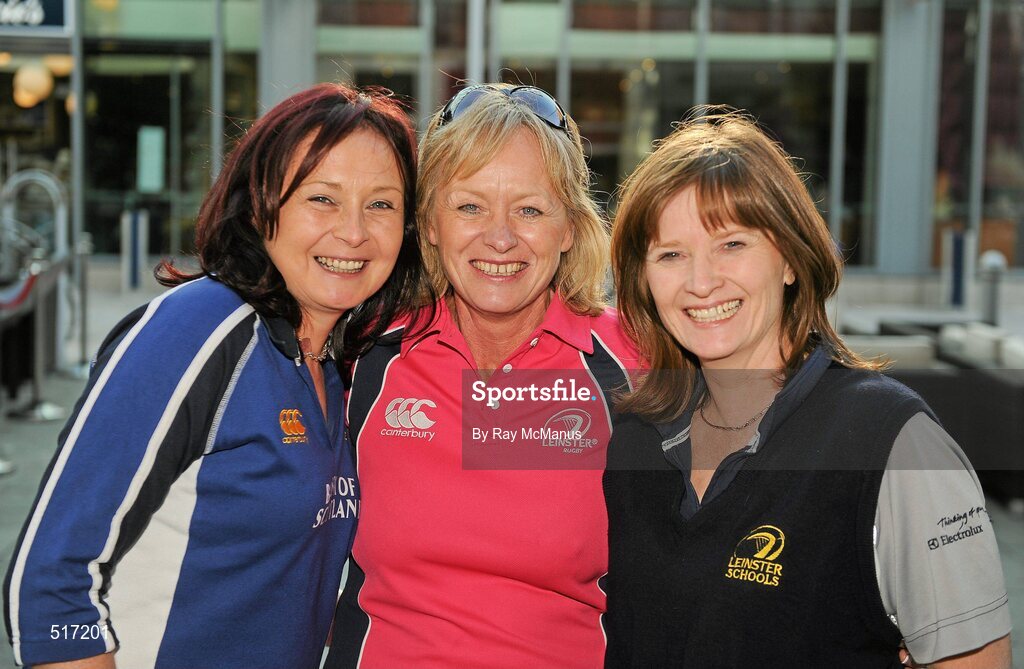 20 May 2011; Leinster supporters, from left to right, Maura Boylen, from Leixlip, Co. Kildare, Grainne Carroll, from Lucan, Dublin, and Martine Du Tuit, from Celbridge, Co. Kildare, in Cardiff ahead of their side's Heineken Cup Final against Northampton Saints on Saturday. Cardiff, Wales. Picture credit: Ray McManus / SPORTSFILE