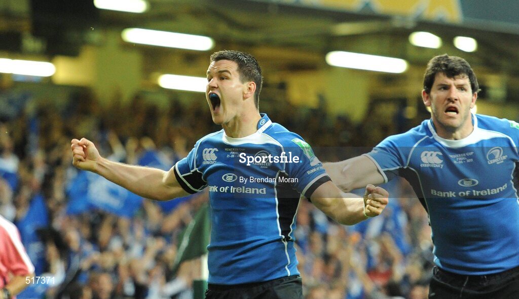 21 May 2011; Jonathan Sexton, Leinster, celebrates scoring his side's first try against Northampton Saints with team-mate Shane Horgan. Heineken Cup Final, Leinster v Northampton Saints, Millennium Stadium, Cardiff, Wales. Picture credit: Brendan Moran / SPORTSFILE