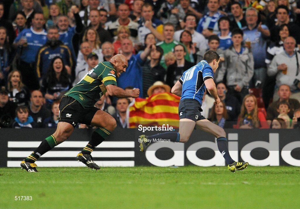 21 May 2011; Jonathan Sexton, Leinster, gets past Soane Tonga'uiha, Northampton Saints, on the way to scoring his side's first try. Heineken Cup Final, Leinster v Northampton Saints, Millennium Stadium, Cardiff, Wales. Picture credit: Ray McManus / SPORTSFILE