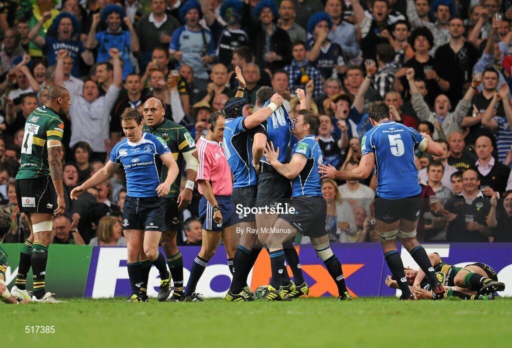 21 May 2011; Jonathan Sexton, 10, Leinster, celebrates with team-mates after scoring his and his side's second try against Northampton Saints. Heineken Cup Final, Leinster v Northampton Saints, Millennium Stadium, Cardiff, Wales. Picture credit: Ray McManus / SPORTSFILE