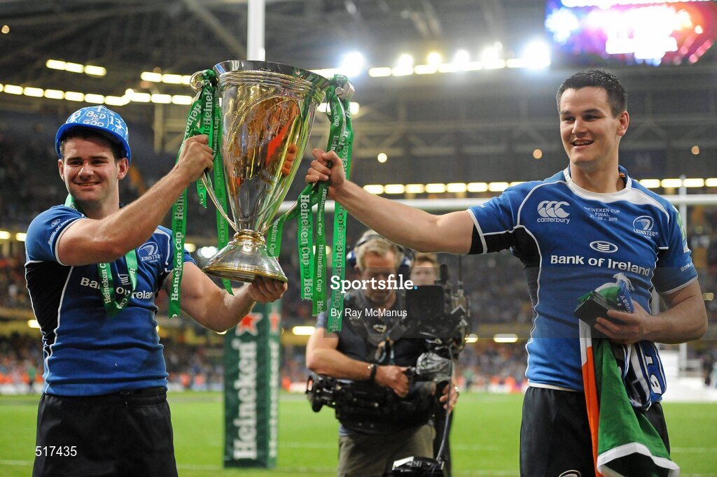 21 May 2011; Leinster's Shane Jennings and Jonathan Sexton, right, celebrate with the cup. Heineken Cup Final, Leinster v Northampton Saints, Millennium Stadium, Cardiff, Wales. Picture credit: Ray McManus / SPORTSFILE