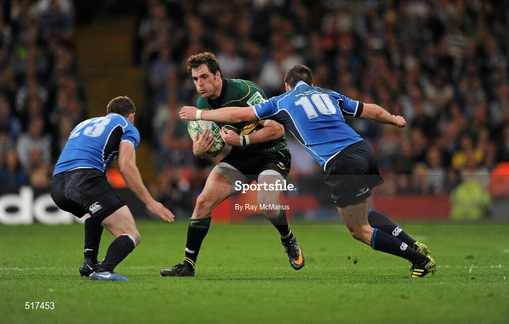 21 May 2011; Jon Clarke, Northampton Saints, is tackled by Fergus McFadden, left, and Jonathan Sexton, Leinster. Heineken Cup Final, Leinster v Northampton Saints, Millennium Stadium, Cardiff, Wales. Picture credit: Ray McManus / SPORTSFILE