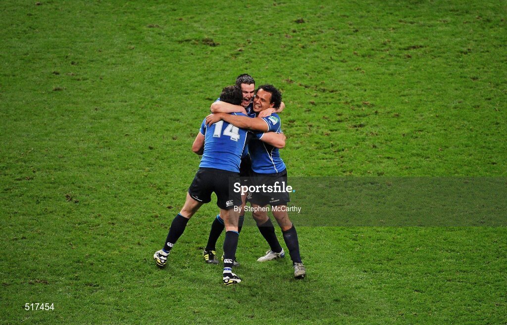 21 May 2011; Leinster players, from left, Shane Horgan, Jonathan Sexton and Isa Nacewa celebrate after the final whistle. Heineken Cup Final, Leinster v Northampton Saints, Millennium Stadium, Cardiff, Wales. Picture credit: Stephen McCarthy / SPORTSFILE