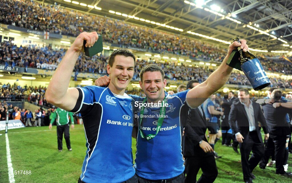 21 May 2011; Leinster's Jonathan Sexton, left, and Fergus McFadden celebrate after the game. Heineken Cup Final, Leinster v Northampton Saints, Millennium Stadium, Cardiff, Wales. Picture credit: Brendan Moran / SPORTSFILE