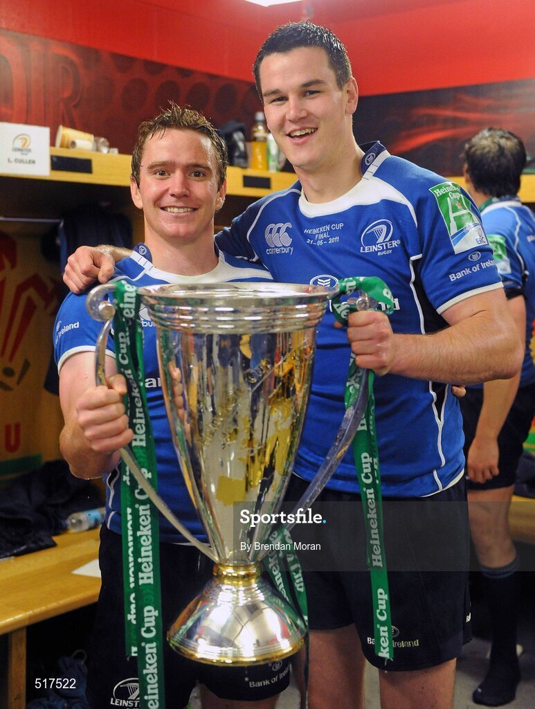 21 May 2011; Leinster's Eoin Reddan, left, and Jonathan Sexton celebrate with the Heineken Cup after the game. Heineken Cup Final, Leinster v Northampton Saints, Millennium Stadium, Cardiff, Wales. Picture credit: Brendan Moran / SPORTSFILE