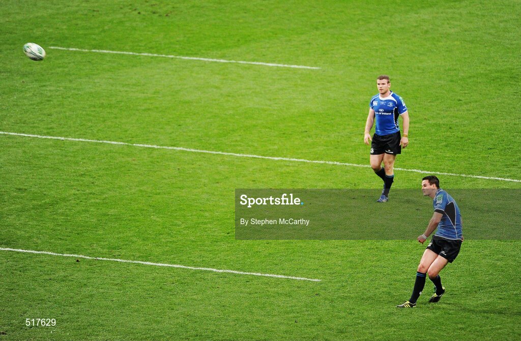 21 May 2011; Jonathan Sexton, Leinster, kicks his side's second first half penalty, to make the score Leinster 6 Northampton Saints 17, watched on by Gordon D'Arcy. Heineken Cup Final, Leinster v Northampton Saints, Millennium Stadium, Cardiff, Wales. Picture credit: Stephen McCarthy / SPORTSFILE
