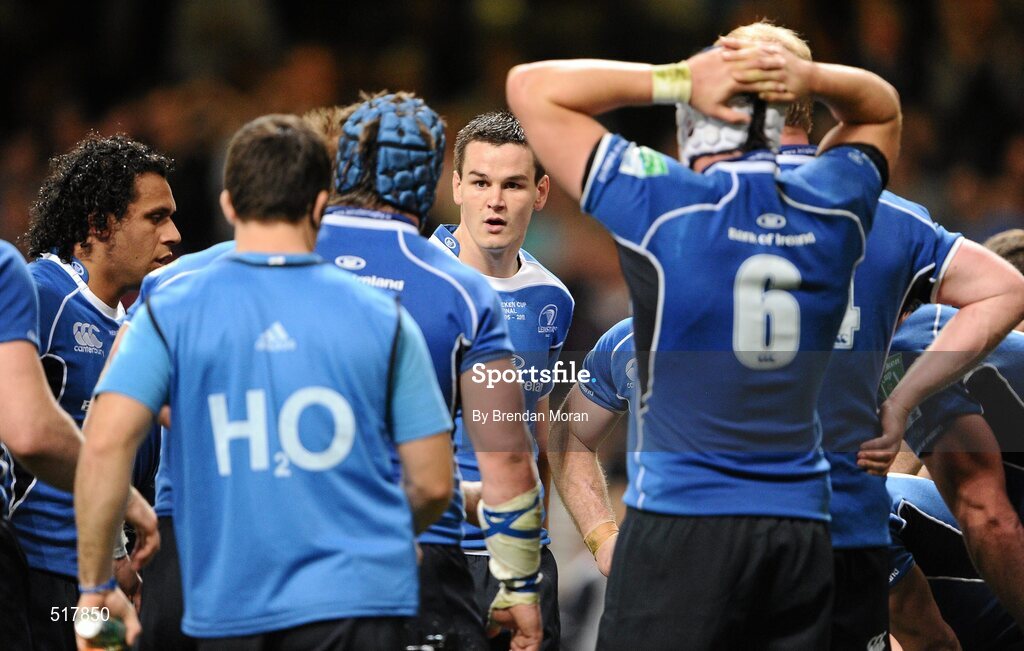 21 May 2011; Leinster's Jonathan Sexton speaks to his team-mates after Northampton scored their second try. Heineken Cup Final, Leinster v Northampton Saints, Millennium Stadium, Cardiff, Wales. Picture credit: Brendan Moran / SPORTSFILE