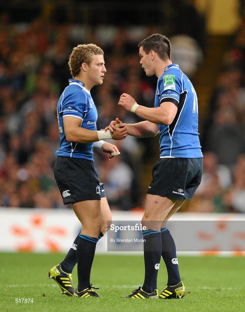 21 May 2011; Leinster's Jonathan Sexton gives some words of advice to his replacement Ian Madigan late in the game. Heineken Cup Final, Leinster v Northampton Saints, Millennium Stadium, Cardiff, Wales. Picture credit: Brendan Moran / SPORTSFILE