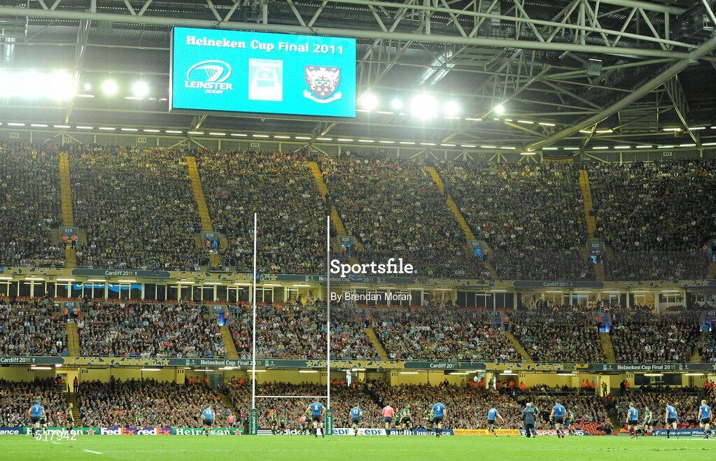 21 May 2011; Leinster's Jonathan Sexton, 10, kicks a first half penalty. Heineken Cup Final, Leinster v Northampton Saints, Millennium Stadium, Cardiff, Wales. Picture credit: Brendan Moran / SPORTSFILE