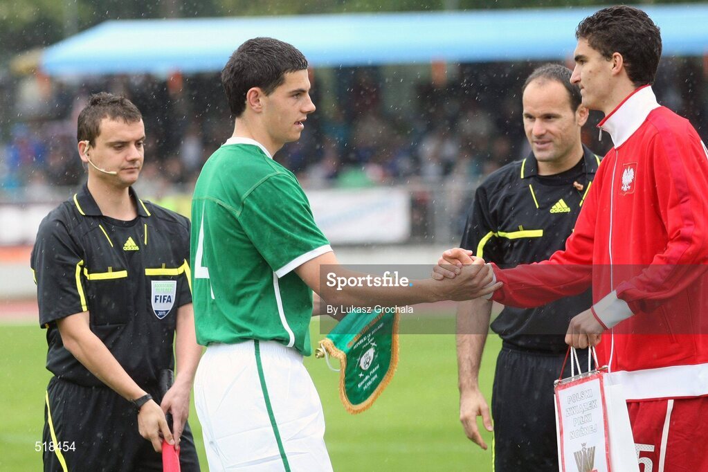 24 May 2011; John Egan, Republic of Ireland, shakes hands with Marcin Kaminski, Poland, before the game. UEFA Under 19 Championship Elite Round, Republic of Ireland v Poland, Baltyk Koszalin, Koszalin, Poland. Picture credit: Lukasz Grochala / SPORTSFILE