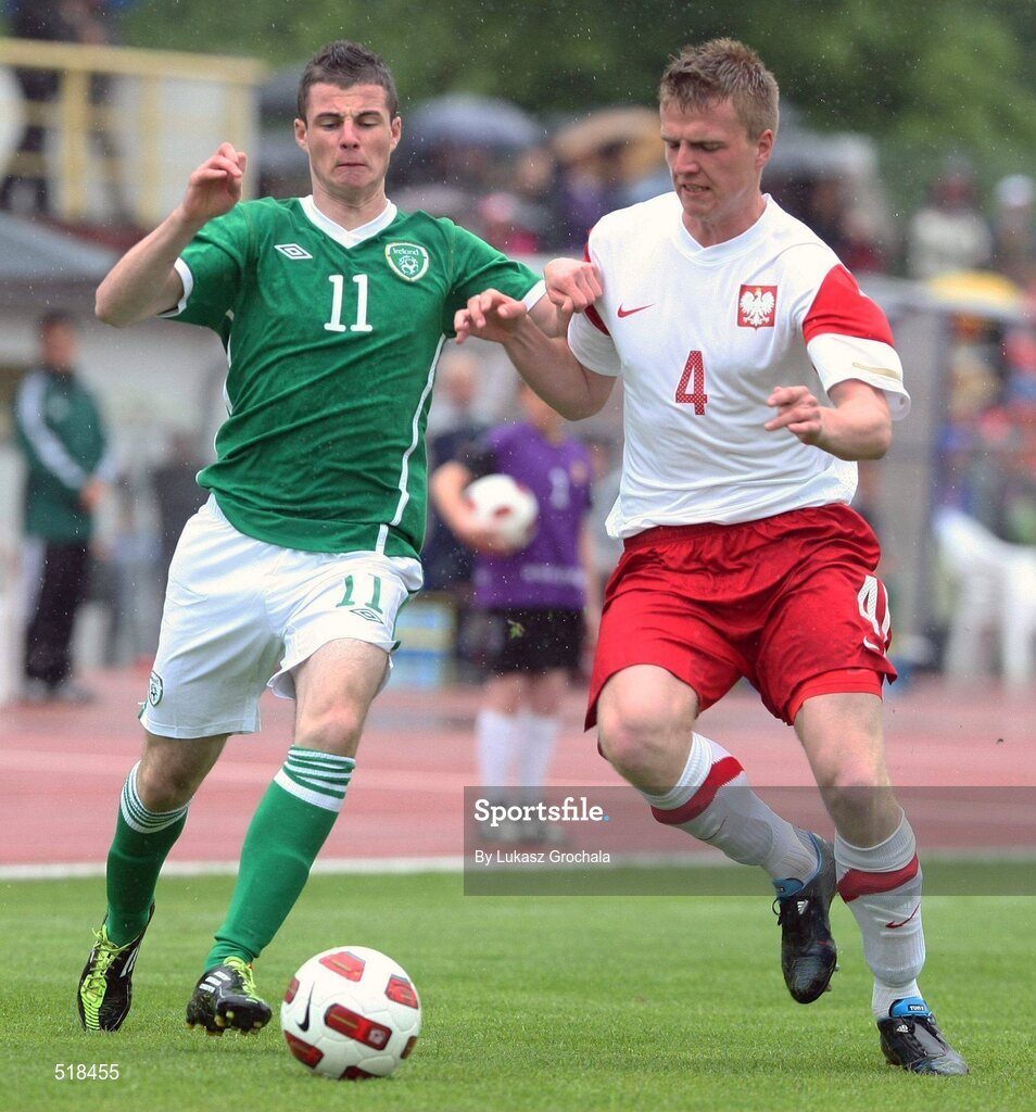 24 May 2011; Anthony Forde, Republic of Ireland, in action against Mariusz Mikoda, Poland. UEFA Under 19 Championship Elite Round, Republic of Ireland v Poland, Baltyk Koszalin, Koszalin, Poland. Picture credit: Lukasz Grochala / SPORTSFILE