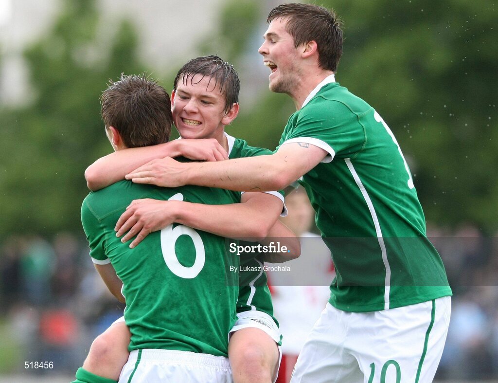 24 May 2011; Jeffrey Hendrick, left, Republic of Ireland, celebrates with team-mates Sean Murray and Connor Murphy, right, after scoring a goal. UEFA Under 19 Championship Elite Round, Republic of Ireland v Poland, Baltyk Koszalin, Koszalin, Poland. Picture credit: Lukasz Grochala / SPORTSFILE