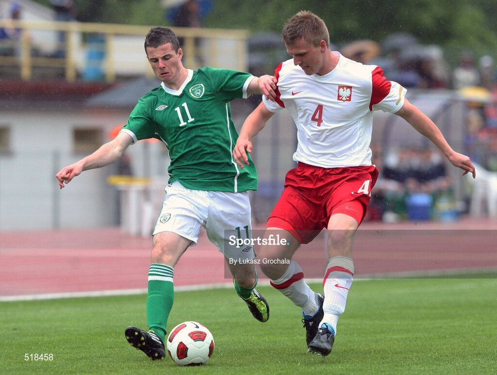 24 May 2011; Anthony Forde, Republic of Ireland, in action against Mariusz Mikoda, Poland. UEFA Under 19 Championship Elite Round, Republic of Ireland v Poland, Baltyk Koszalin, Koszalin, Poland. Picture credit: Lukasz Grochala / SPORTSFILE