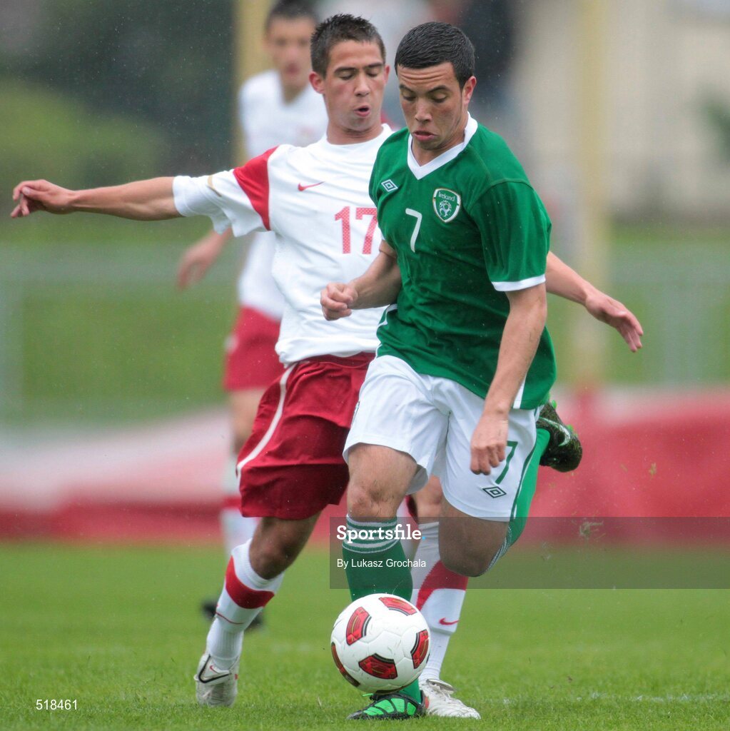 24 May 2011; Samir Carruthers, Republic of Ireland, in action against Lukasz Zejdler, Poland. UEFA Under 19 Championship Elite Round, Republic of Ireland v Poland, Baltyk Koszalin, Koszalin, Poland. Picture credit: Lukasz Grochala / SPORTSFILE