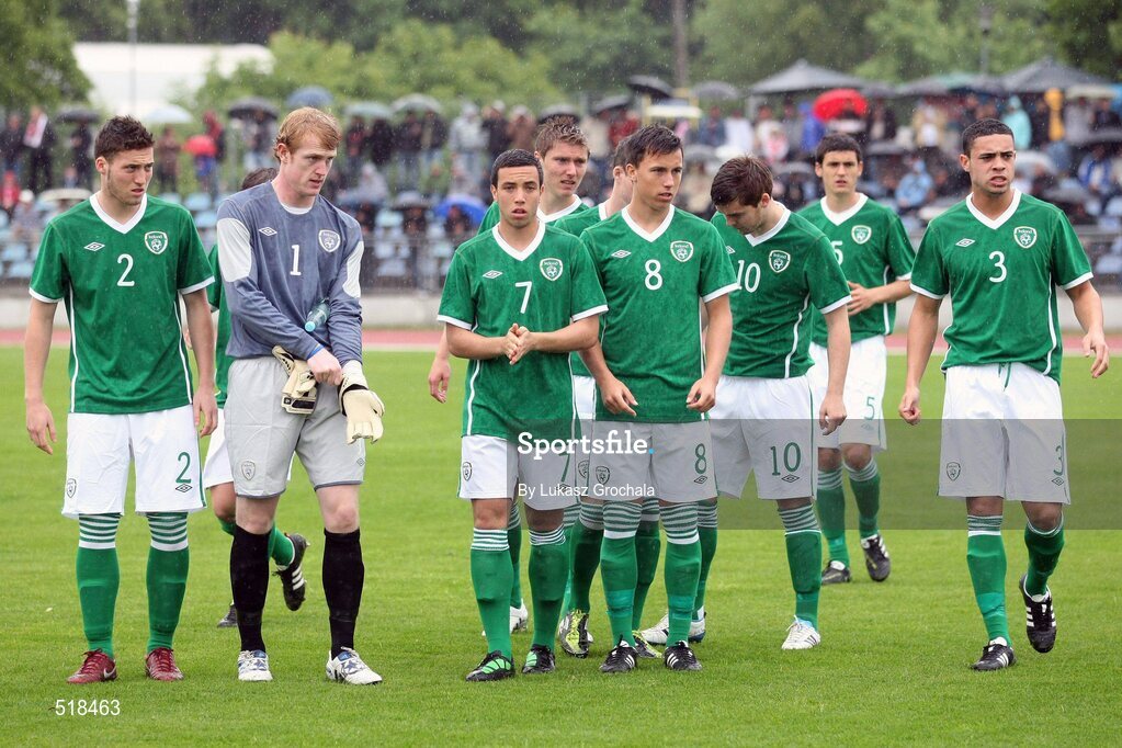 24 May 2011; Republic of Ireland U19 player, including from left, Matthew Doherty, 2, Aaron McCarey, 1, Samir Carruthers, 7, John O'Sullivan, 8, Connor Murphy, 10, and Derrick Williams, 3, make their way onto the pitch for the start of the second half. UEFA Under 19 Championship Elite Round, Republic of Ireland v Poland, Baltyk Koszalin, Koszalin, Poland. Picture credit: Lukasz Grochala / SPORTSFILE