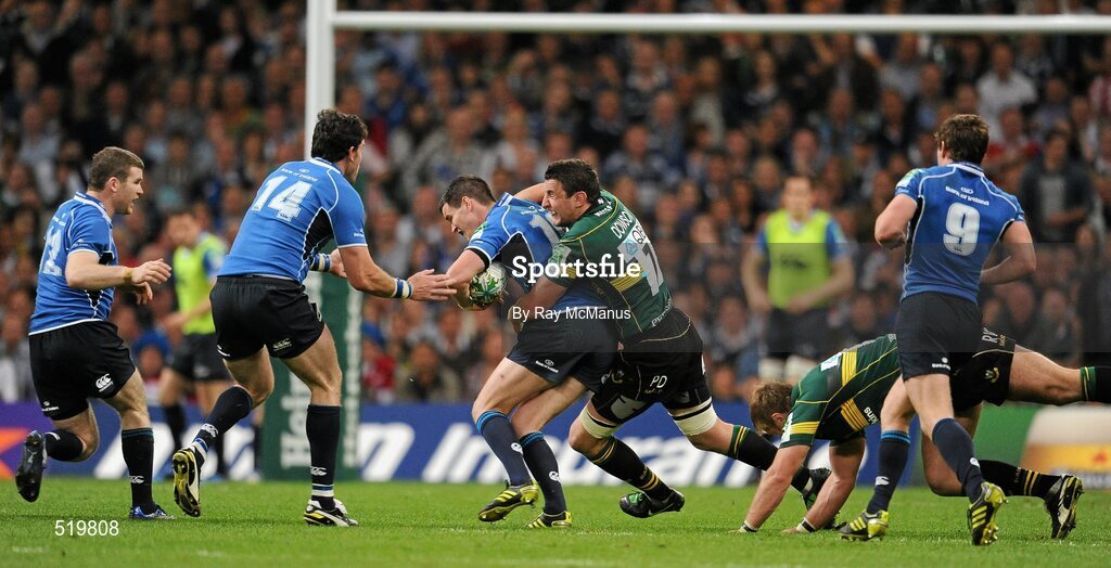 21 May 2011; Jonathan Sexton, Leinster, is tackled by Phil Dowson, Northampton Saints. Heineken Cup Final, Leinster v Northampton Saints, Millennium Stadium, Cardiff, Wales. Picture credit: Ray McManus / SPORTSFILE