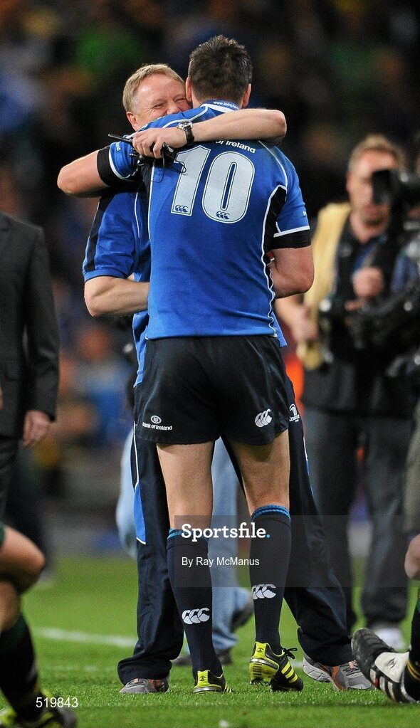 21 May 2011; Leinster head coach Joe Schmidt celebrates his side's victory with Jonathan Sexton. Heineken Cup Final, Leinster v Northampton Saints, Millennium Stadium, Cardiff, Wales. Picture credit: Ray McManus / SPORTSFILE