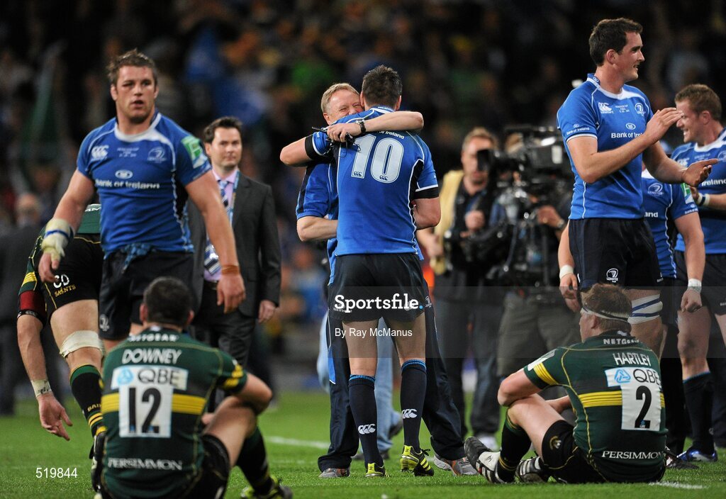21 May 2011; Leinster head coach Joe Schmidt celebrates his side's victory with Jonathan Sexton. Heineken Cup Final, Leinster v Northampton Saints, Millennium Stadium, Cardiff, Wales. Picture credit: Ray McManus / SPORTSFILE