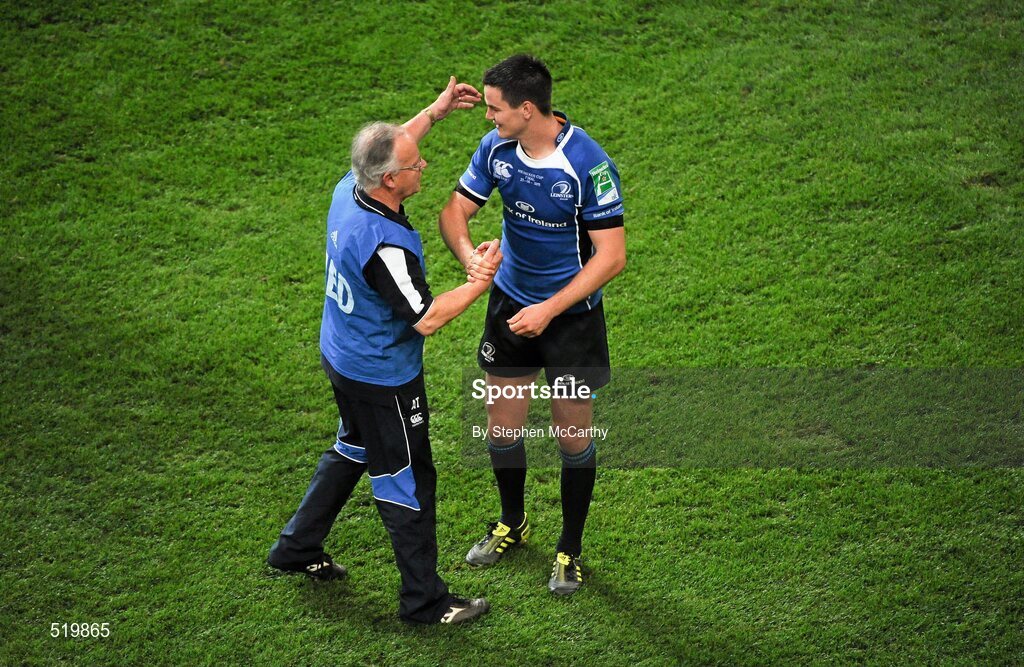 21 May 2011; Jonathan Sexton, Leinster, celebrates with Prof Arthur Tanner following their victory. Heineken Cup Final, Leinster v Northampton Saints, Millennium Stadium, Cardiff, Wales. Picture credit: Stephen McCarthy / SPORTSFILE